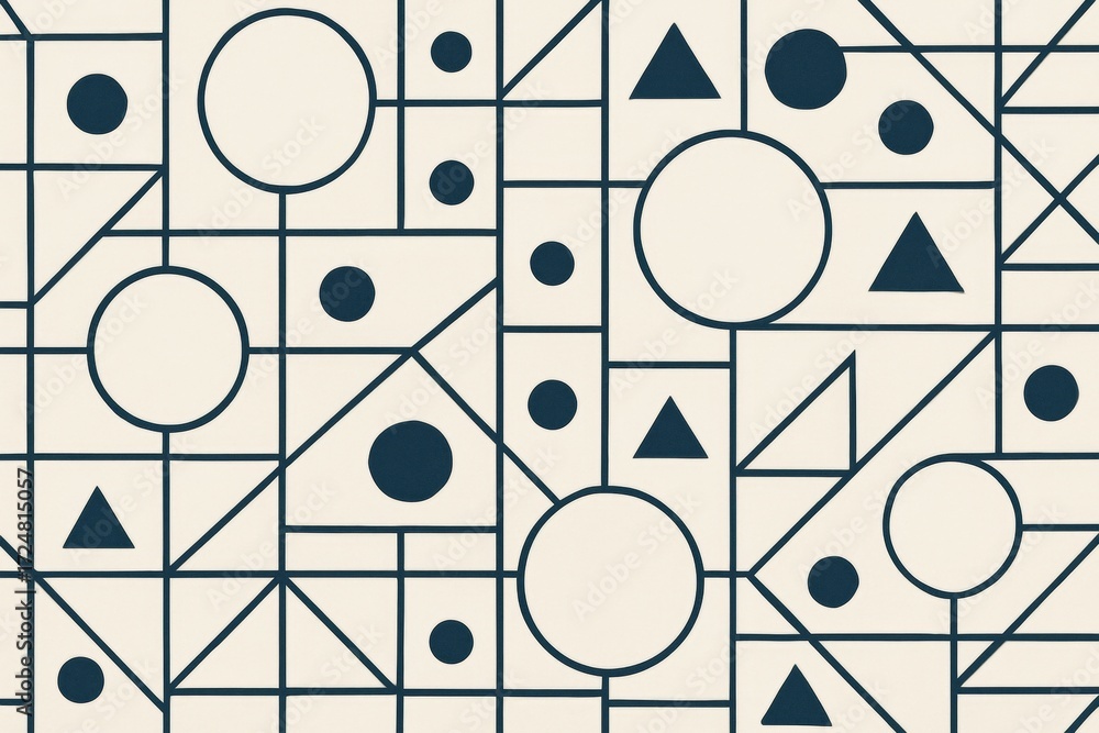 Poster abstract geometric graphic with circles, triangles, and lines in dark blue on a light background for