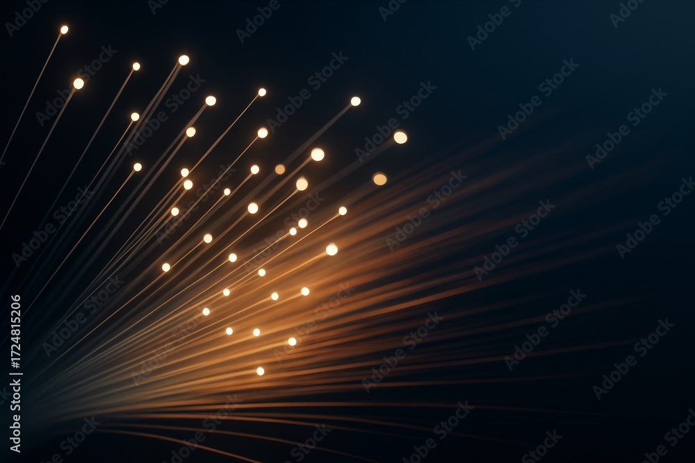 Poster glowing fiber optic light strands spreading from the left side on a dark background, symbolizing dat