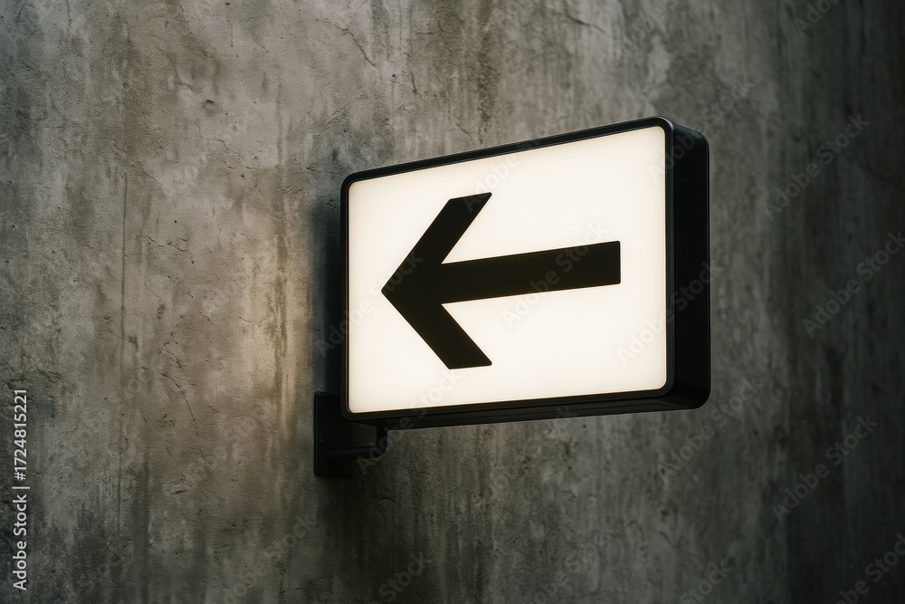 Poster illuminated left arrow sign mounted on concrete wall background with soft ambient light in dark sett