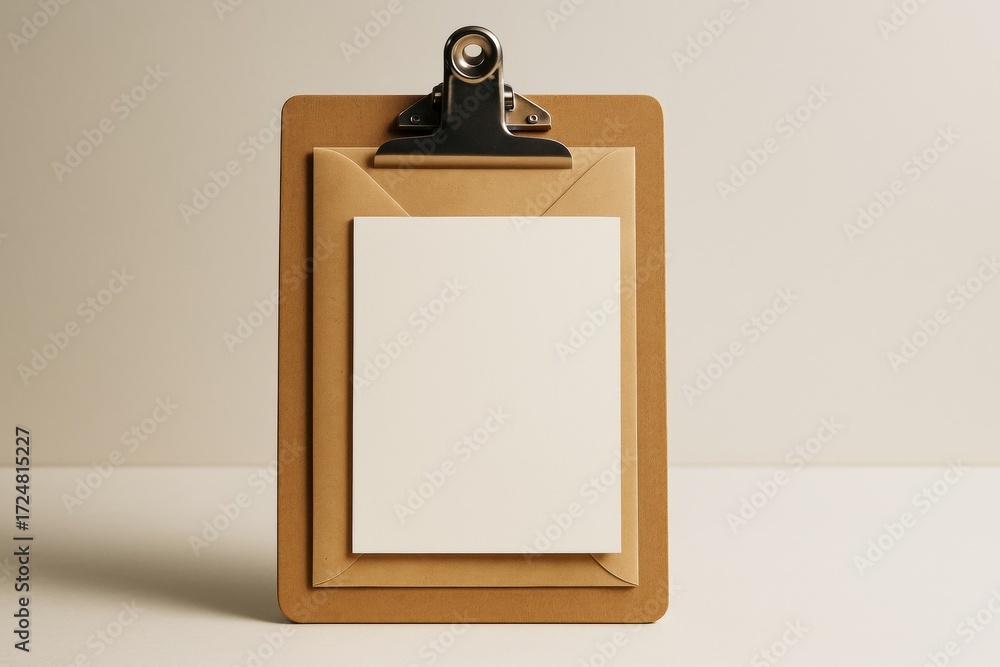 Poster minimal clipboard mockup with blank card and envelope for branding or product presentation on clean 