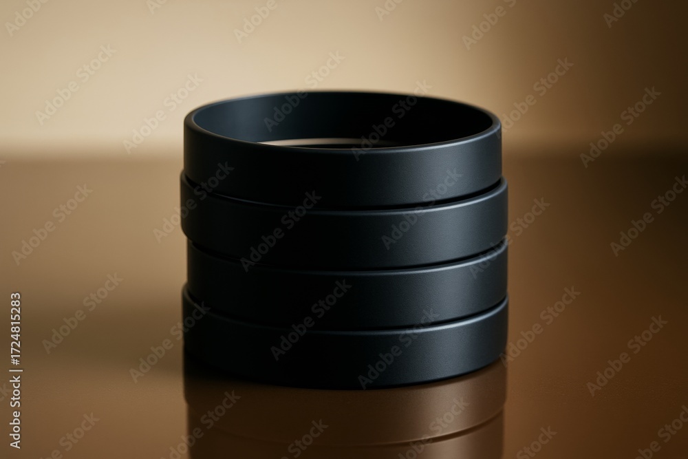 Poster stack of blank black wristbands mockup for branding or promotional design on brown reflective surfac