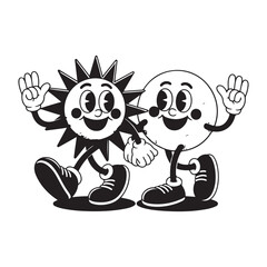 Happy Easter bunny and eggs, funny cartoon illustration of a character drawing a sun and a moon