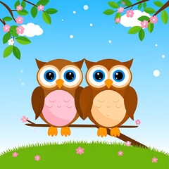 Two owls on a branch, spring background