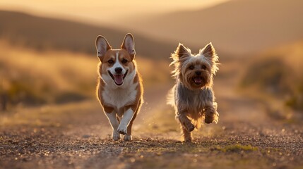 Happy Corgis Running Outdoors at Sunset.