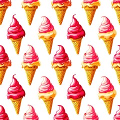 ice cream in waffle cone seamless pattern on white background.