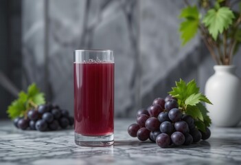 Urban Oasis  Minimalist Grape Juice Still Life, Glassware, Grey Marble Surface, Geometric Pattern, Sharp Focus