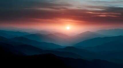 Fototapeta premium Vibrant sunset paints a majestic mountain landscape with layers of atmospheric haze
