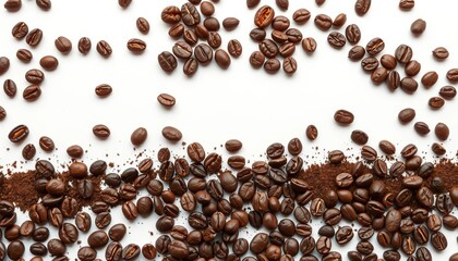 Naklejka premium Intricate coffee bean and ground coffee patterns on white background, design, coffee beans