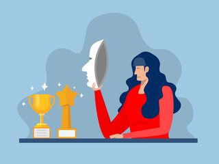 Imposter syndrome.woman standing for her present profile with fear after door . Anxiety and lack of self confidence at work; the person fakes is someone else concept