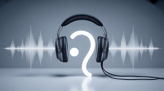 Headphones with a question mark and sound waves in a studio setting