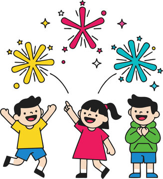 Cartoon Kids Celebration with Fireworks &ndash; Happy Children Party Vector Illustration Isolated
