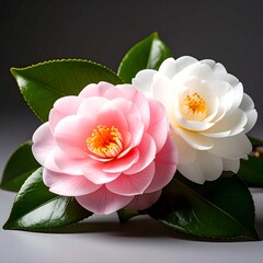 Two beautiful pastel colored camellia blossoms