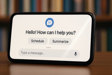 Horizontal AI chatbot app on smartphone with options for scheduling and summarizing, digital virtual assistant interface