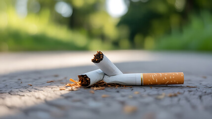 Two extinguished cigarettes lying on a paved surface outdoors with greenery in the background