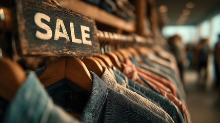 Stylish clothing rack displays trendy outfits in a vibrant fashion store during a sale event
