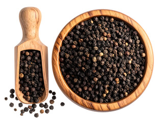 Wooden bowl and scoop filled with whole peppercorns
