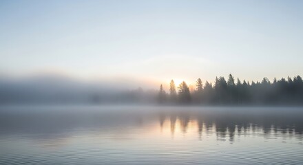 Fototapeta premium Tranquil morning mist settles over a serene lake, showcasing a line of trees at sunrise.