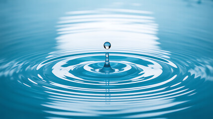 A water droplet creates ripples on a calm blue surface, capturing the moment of impact and reflection.