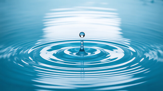 A water droplet creates ripples on a calm blue surface, capturing the moment of impact and reflection.