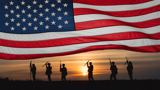 Silhouettes of soldiers holding rifles against a large American flag at sunset - Powered by Adobe