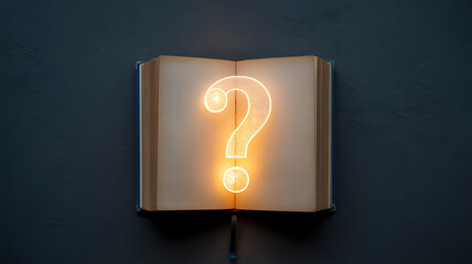 An open book with a glowing question mark on its pages against a dark background