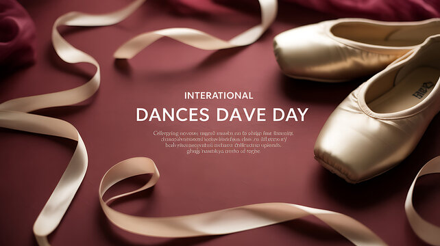 Ballet pointe shoes and ribbons on a maroon background with text overlay promoting International Dance Day
