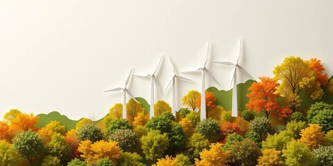 Intricate paper cut design of wind turbines amidst lush trees, symbolizing sustainable energy,   environmental protection,   tree silhouette