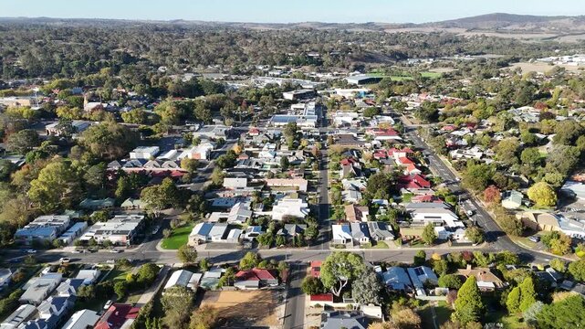 4K Aerial Drone Footage of Mount Barker City, South Australia, Featuring Town Centre, Urban Development, Local Streets, Traffics, Rolling Hills, Shops, Houses, Estates, Parkland, Green Spaces in Adela