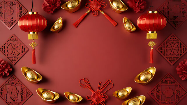 Traditional Chinese New Year decorations including red lanterns, golden ingots, and red knots arranged on a red background