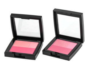 Two square blush compact boxes, showcasing a dual-toned pink blush inside