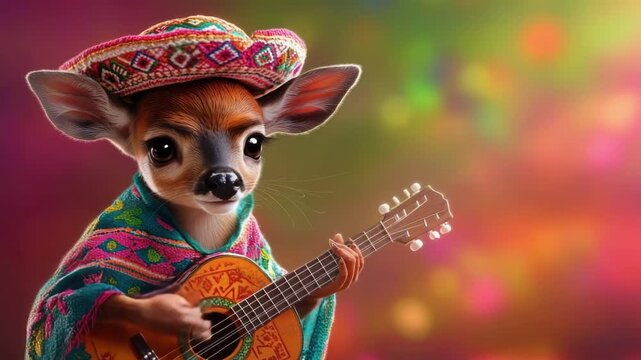 Cute cartoon deer in poncho and sombrero playing guitar against colorful bokeh background. Cinco de Mayo, Battle of Puebla Day, Mexican Heritage Festival - Latin American Cultural Celebration
