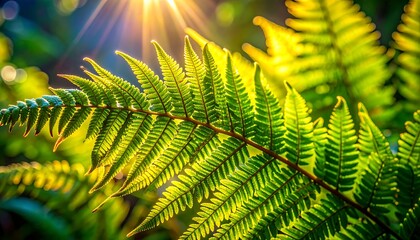 A close-up showcases vibrant green fern fronds, illuminated by bright sunlight filtering through the foliage. The sun's rays create a natural, lush scene