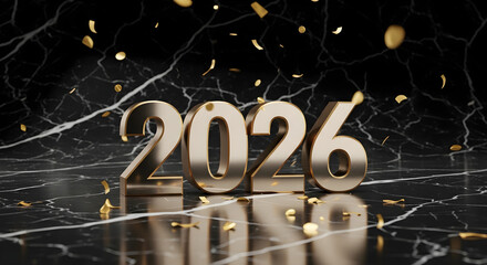 Luxurious 2026 Gold 3D Text with Falling Confetti on a Black Marble Background