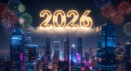 Happy New Year 2026 Glowing Sign Above a City Skyline with Fireworks.