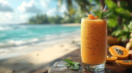 Refreshing tropical smoothie made with papaya served in a glass with a straw garnished with mint leaves and placed on a beachside table with a view of the ocean and palm trees