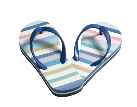 Colorful striped flip-flops, navy blue straps, pastel colors, heart shape