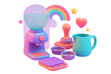 Coffee maker, tamper, cups, and pitcher in pastel gradient style isolated on white background, concept of hobby and leisure. Ai generative