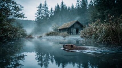 Beaver swimming in a calm pond beside a rustic cabin in a misty forest during early morning hours
