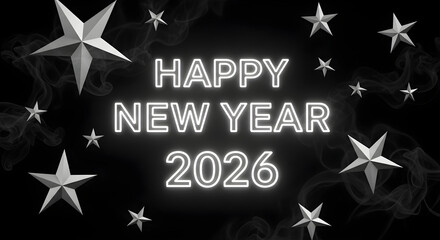 Happy New Year 2026 Neon Text with Glowing Stars on a Black Background.