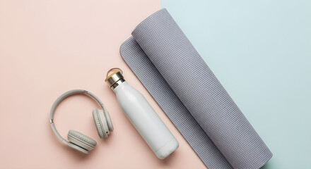 Minimalist Fitness Concept with Yoga Mat, Water Bottle, and Headphones on a Pastel Background.
