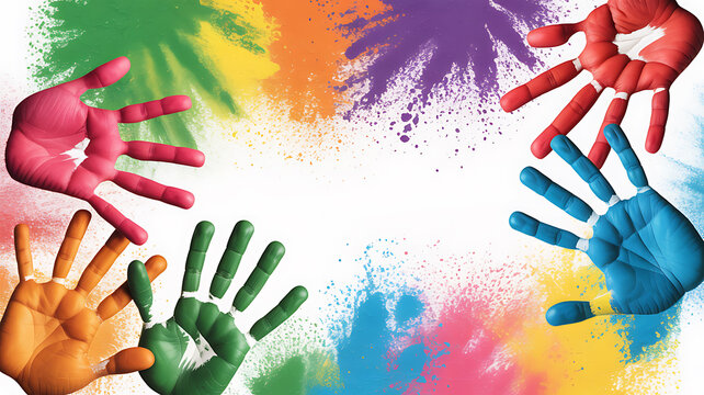 Colorful handprints arranged in a circular pattern with vibrant paint splatters on a white background - Powered by Adobe
