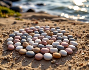 Spiraling Pebbles Sandy Shore with Water Reflection