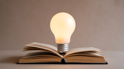 Illuminated light bulb placed on an open book