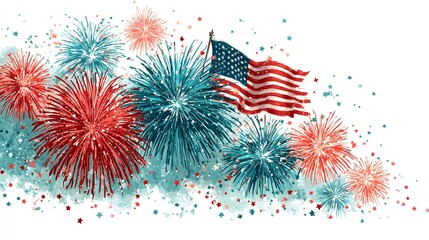 Exciting sale banner with festive fireworks and an American flag for celebration events