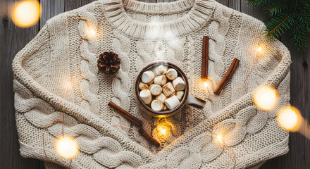 Cozy Winter Sweater with Hot Cocoa, Marshmallows, and Fairy Lights.