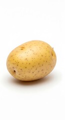 A single, whole, light yellow potato, showcasing its bumpy texture, sits against a plain white background.