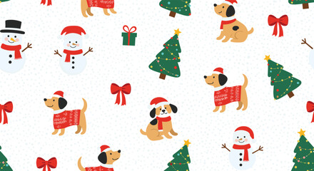 A festive holiday pattern featuring cute dogs in sweaters and snowmen.
