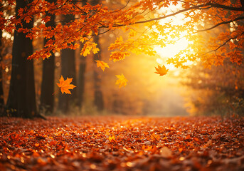 Golden Autumn Forest with Falling Leaves