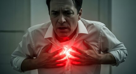 Close-up of a man experiencing chest pain, with a highlighted, glowing heart area, conveying a sense of intense distress and medical urgency.