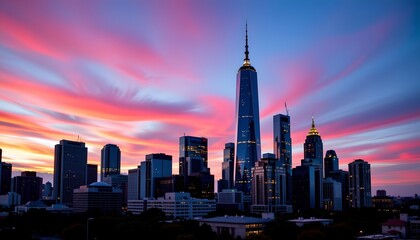 Obraz premium Colorful Twilight Skyline with Modern Skyscrapers